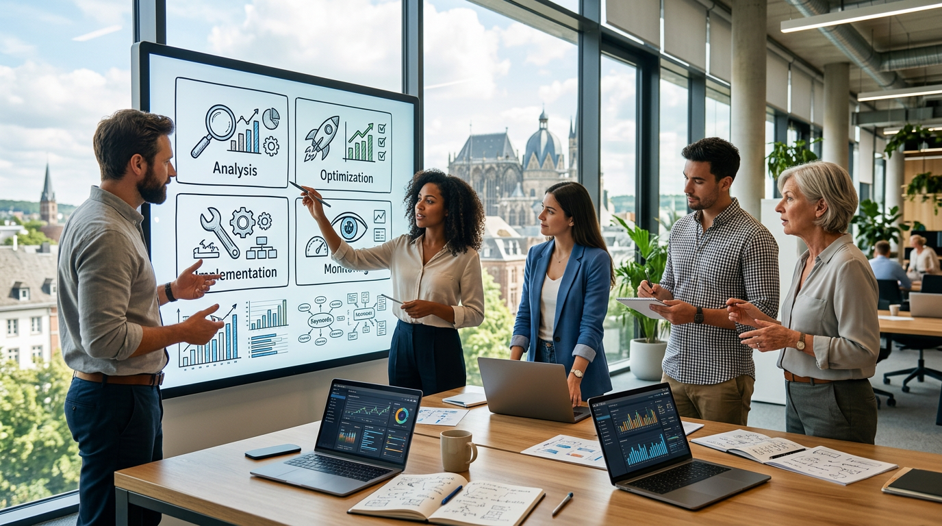 SEO-Team in Aachen-Office plant 4-Phasen-Prozess auf Whiteboard, Skylineblick