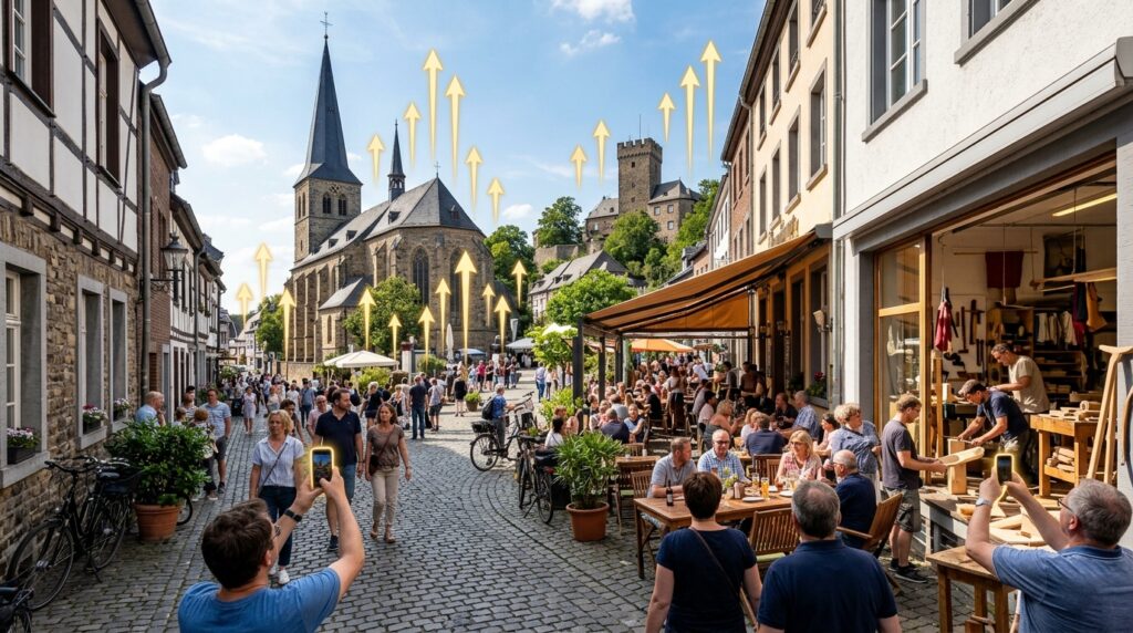 Altstadt Eschweiler: Fachwerkhäuser, gotische Kirche, Burg, Cafés und Handwerk am Marktplatz.