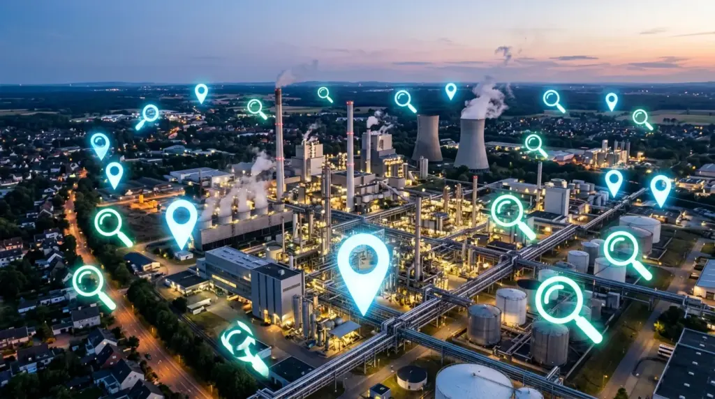 Lokale SEO in Jülich: Industrieanlage mit Suchpins und Lupen für Sichtbarkeit.
