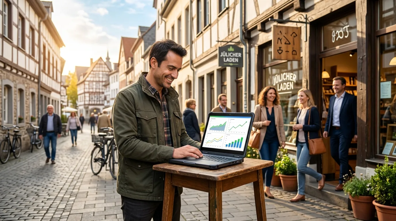 Lokaler Unternehmer in Jülich vor blühendem Geschäft mit Laptop und steigenden Google-Rankings