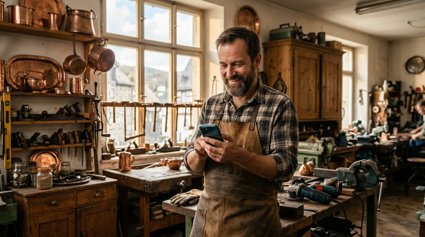 Handwerker in Stolberger Werkstatt prüft Top-Google-Rankings auf Smartphone.