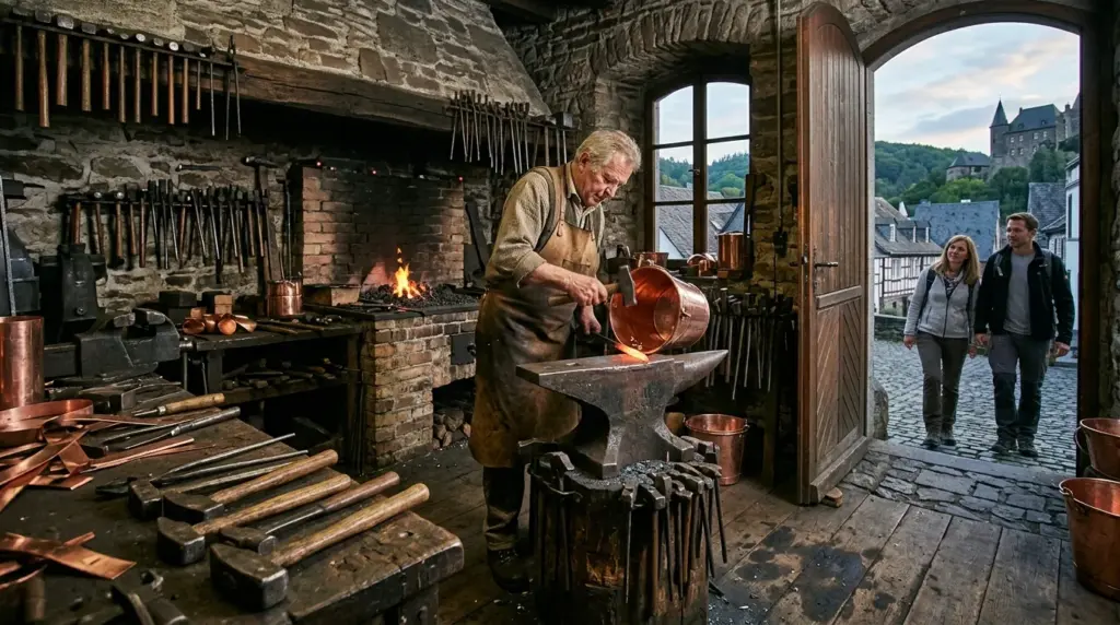 Kupferschmied am Kupferhof Hardt in Stolberg bei der Arbeit am Amboss
