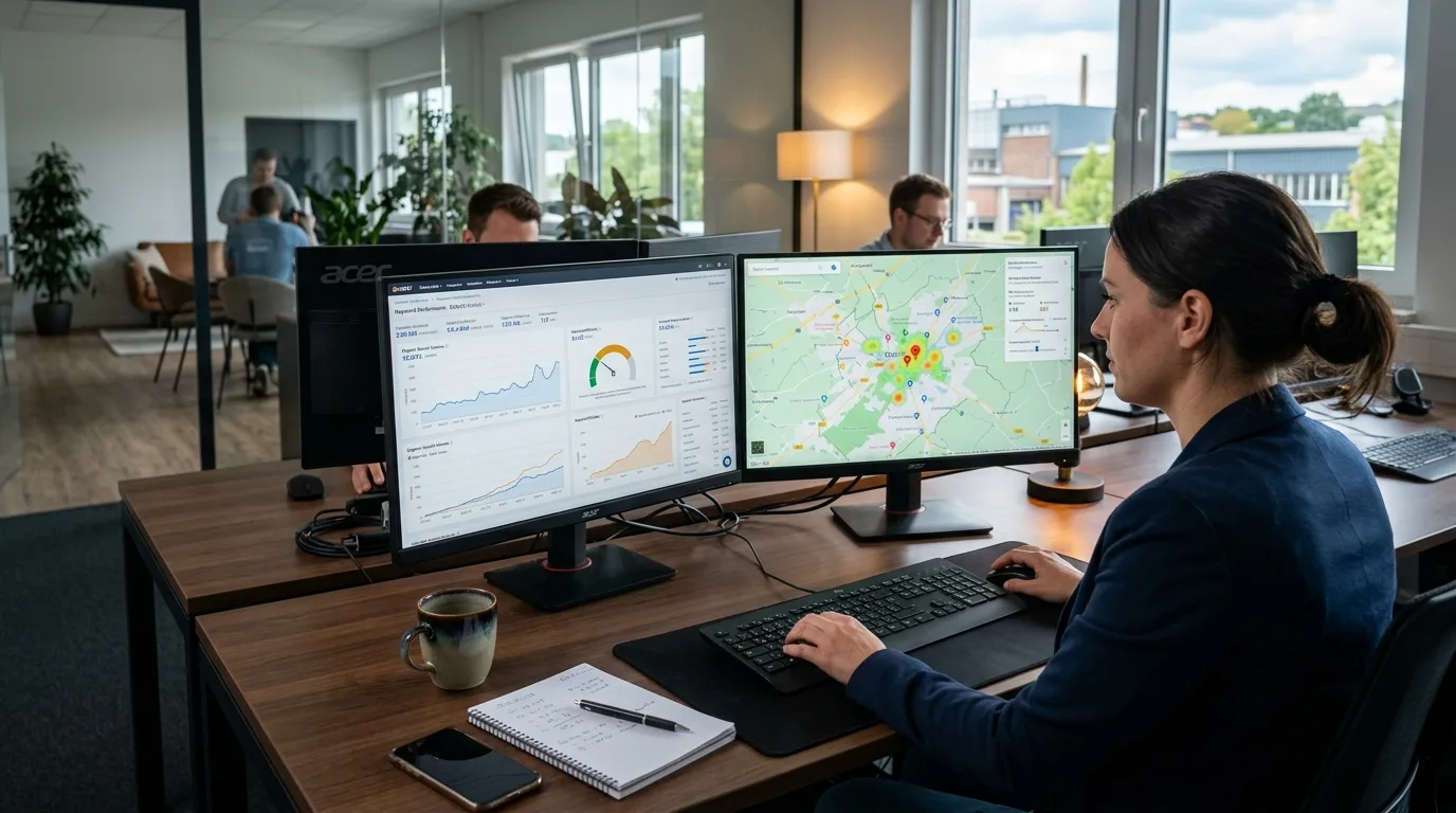 SEO-Experte analysiert Keywords und Daten für Stolberg auf Monitoren.