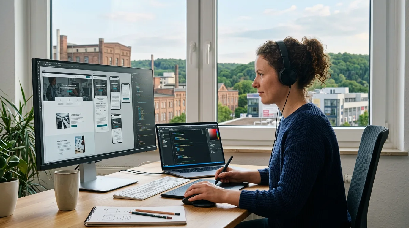 Webdesigner gestaltet responsive Website mit Ausblick auf Eschweiler Industrie