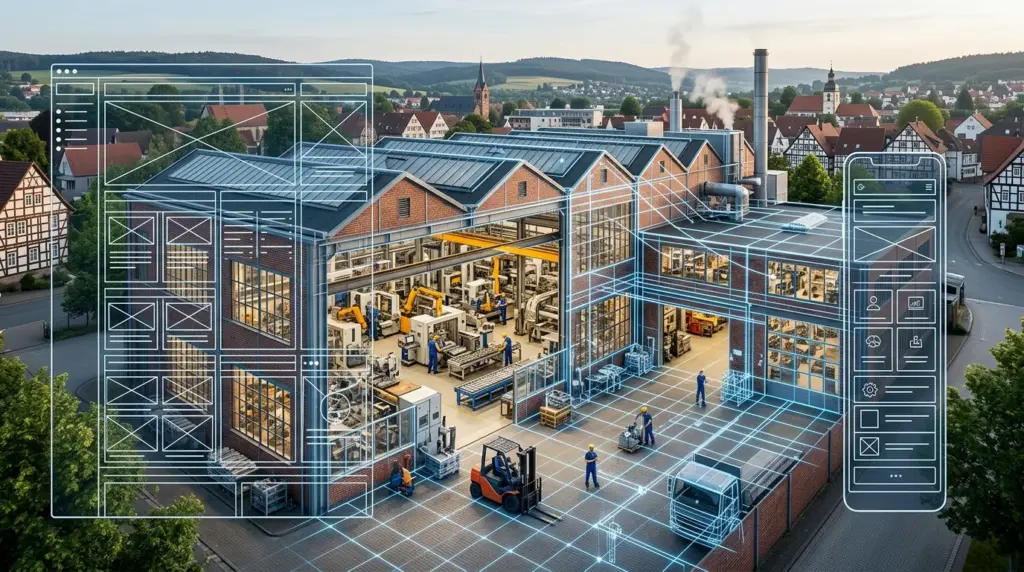 Moderne Industrieanlage in Eschweiler mit digitalem Wireframe und responsivem Webdesign auf Smartphone.