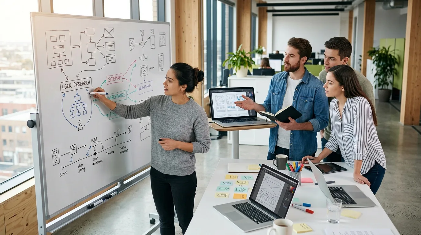 Team plant Webdesign-Prozess von Idee bis fertige Website in moderner Agentur